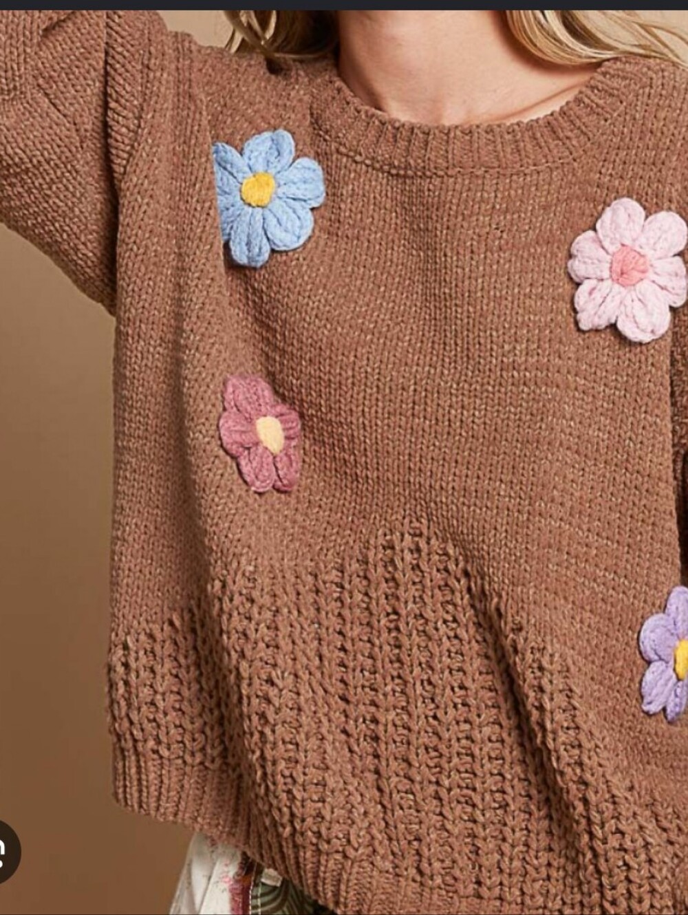 POL Brown Crewneck Sweater with Multicolor Flower Appliqués S